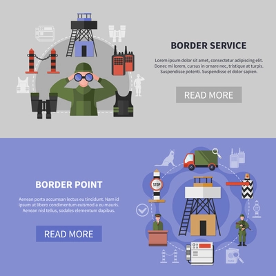 Border service and guard point equipment horizontal banners set flat isolated vector illustration