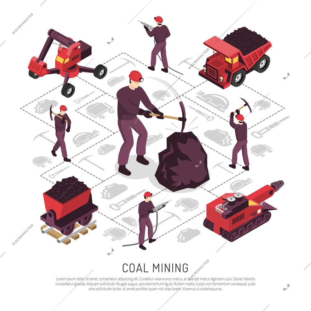 Coal mining industry workers tools equipment machinery and transportation isometric set on flowchart elements background vector illustration