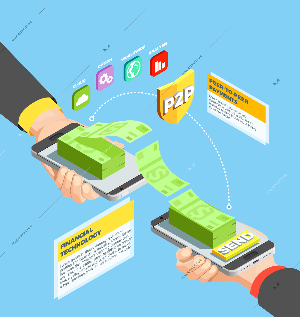 Peer to peer payments design concept with business partners committing transaction using mobile phones isometric vector illustration