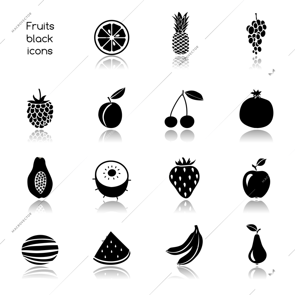 Natural organic fruits and berries black icons set of cherry pomegranate plum isolated vector illustration