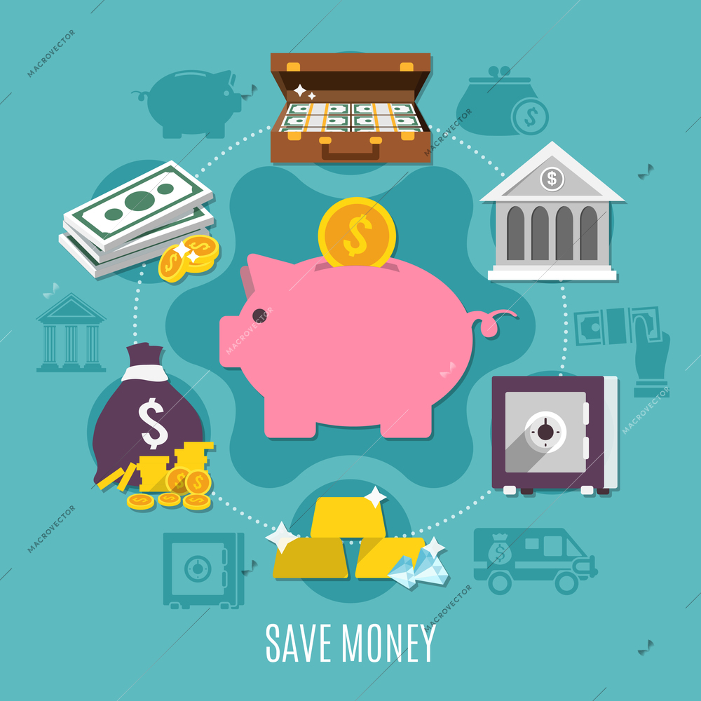 Money colored and flat composition with save money headline and ways to save cash and noncash money vector illustration