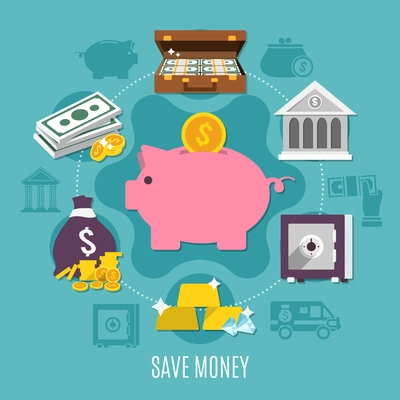 Money colored and flat composition with save money headline and ways to save cash and noncash money vector illustration