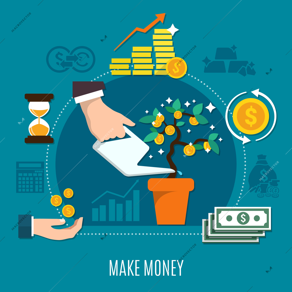 Money flat colored composition with make money headline and cash tree cultivation vector illustration