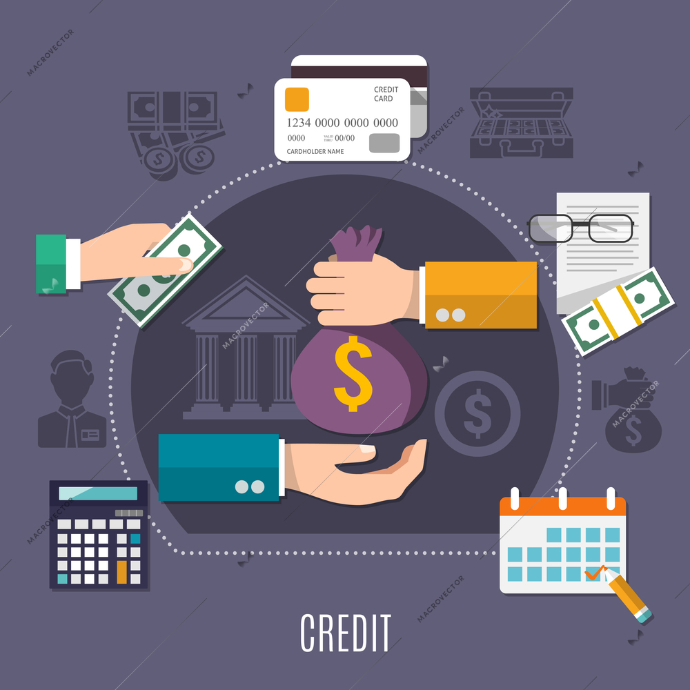 Money colored and flat composition with steps in applying for a loan or credit vector illustration