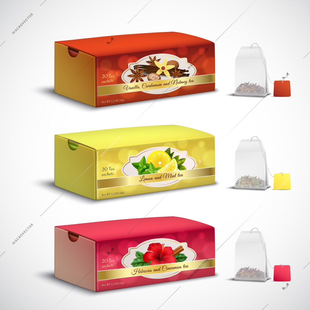 Fruit and herbal whole leaves teabags box packages realistic set with lemon mint hibiscus flavors vector illustration