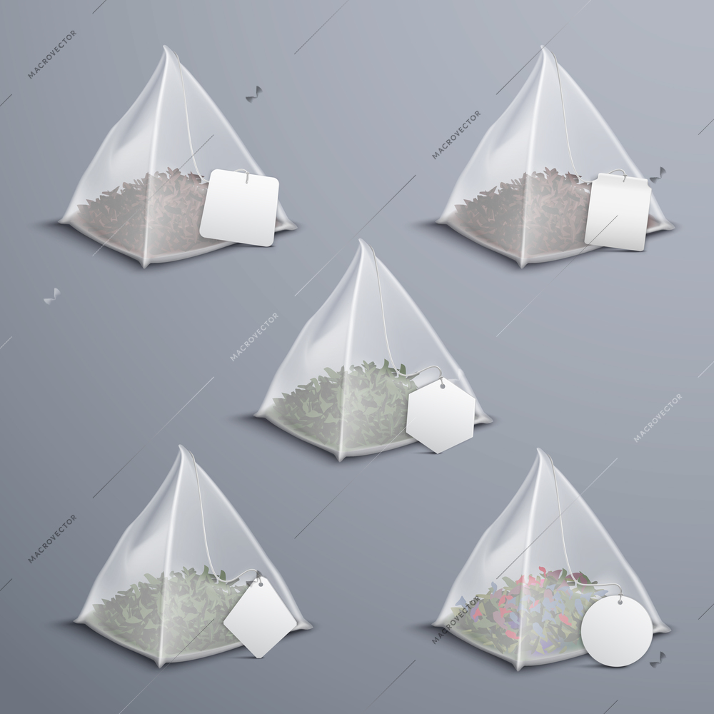 Whole leaves silky nylon pyramid realistic tea bags collection with various shaped white blank tags vector illustration