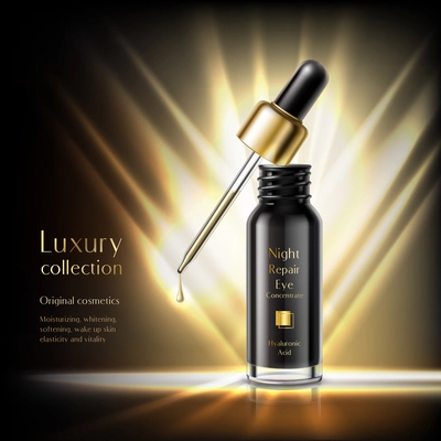 Luxury cosmetics realistic advertisement poster with black  essential oil bottle with dropper golden rays dark background vector illustration