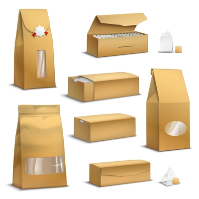 Brown sack kraft paper tea bags and loose leaves packs boxes packages realistic set isolated vector illustration