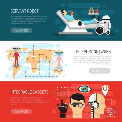 Futurology postulations flat horizontal banners website design with teleport network robotic housekeper servant and gadgets vector illustration