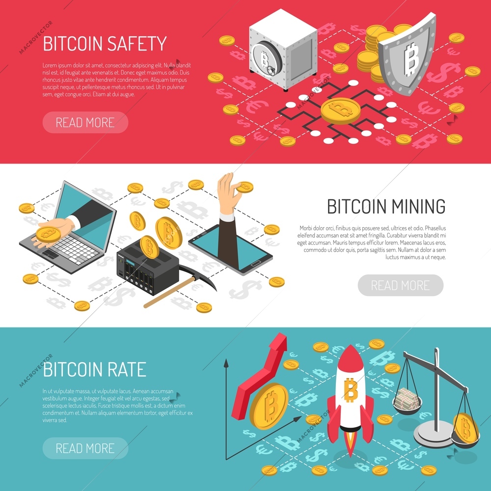 Bitcoin cryptocurrency secure transactions and mining 3 horizontal isometric banners set with money raising  symbol vector illustration