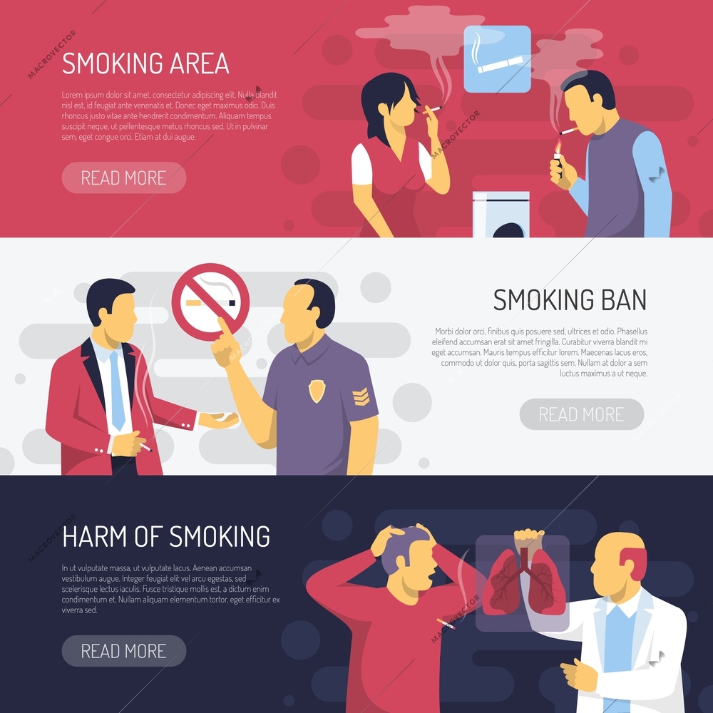 Smoking areas ban and tobacco health effects 3 horizontal colorful background banners webpage design isolated vector illustration