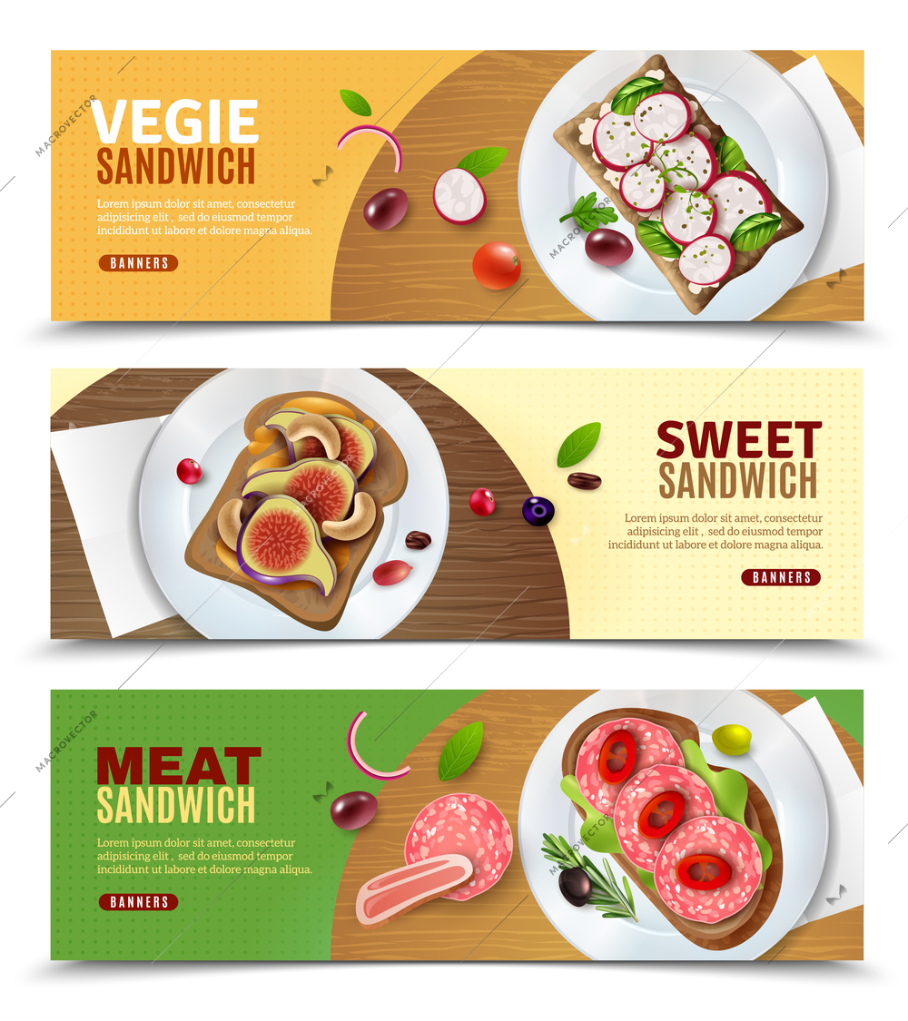 Three advertising horizontal banners with recipe of preparation veggie sweet and meat sandwiches vector illustration