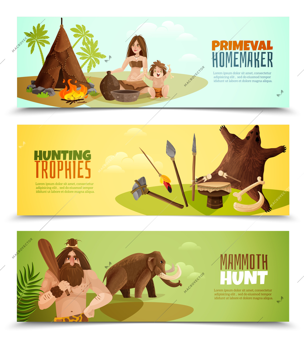 Cavemen horizontal banners with primeval homemaker hunting trophies mammoth hunt cartoon compositions vector illustration