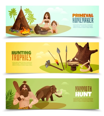 Cavemen horizontal banners with primeval homemaker hunting trophies mammoth hunt cartoon compositions vector illustration