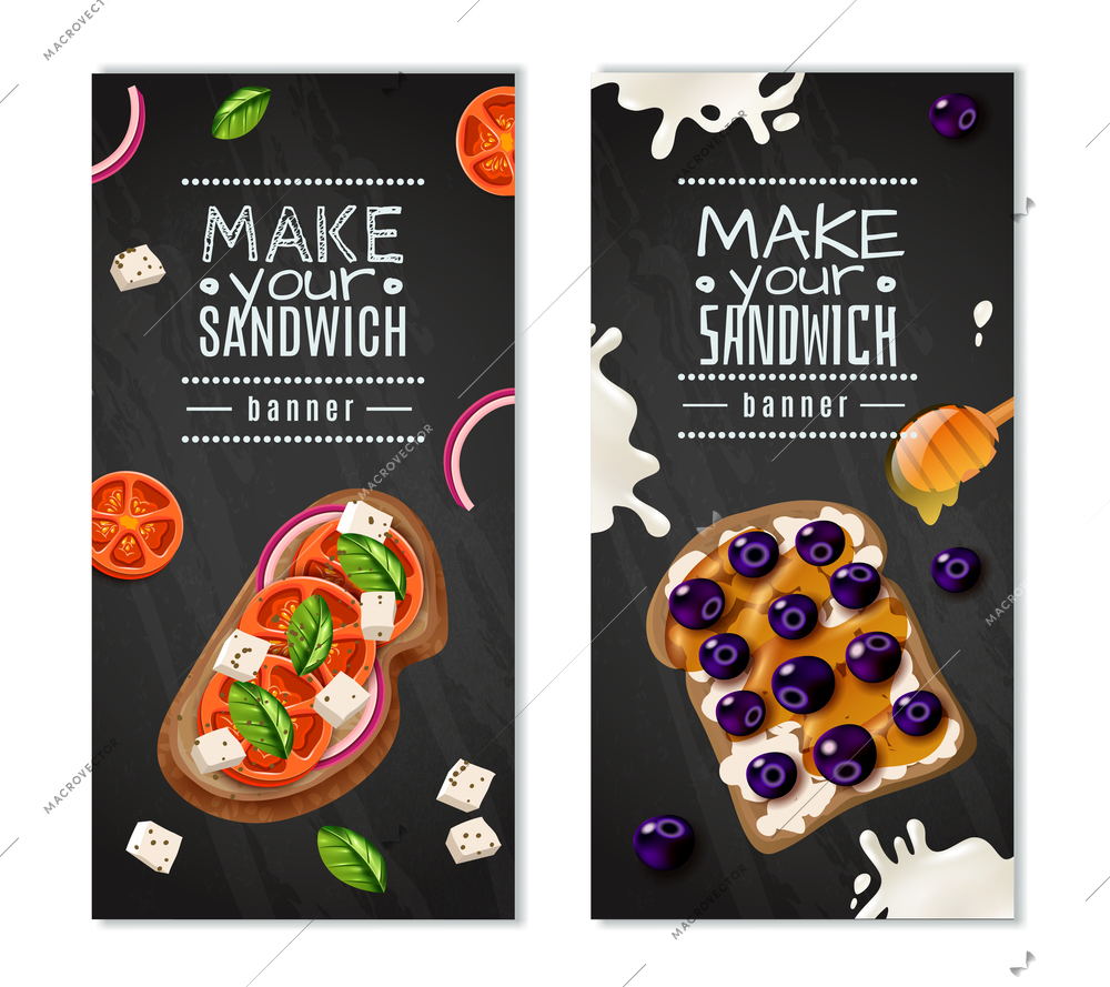 Gastronomic vertical banners with make your sandwich title and sweet and vegetable types of dish vector illustration