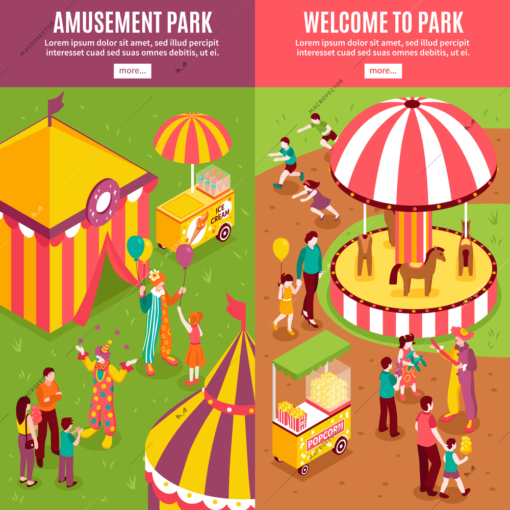 Isometric amusement park circus vertical banners collection with isolated text more button and enterteinment park scenery compositions vector illustration