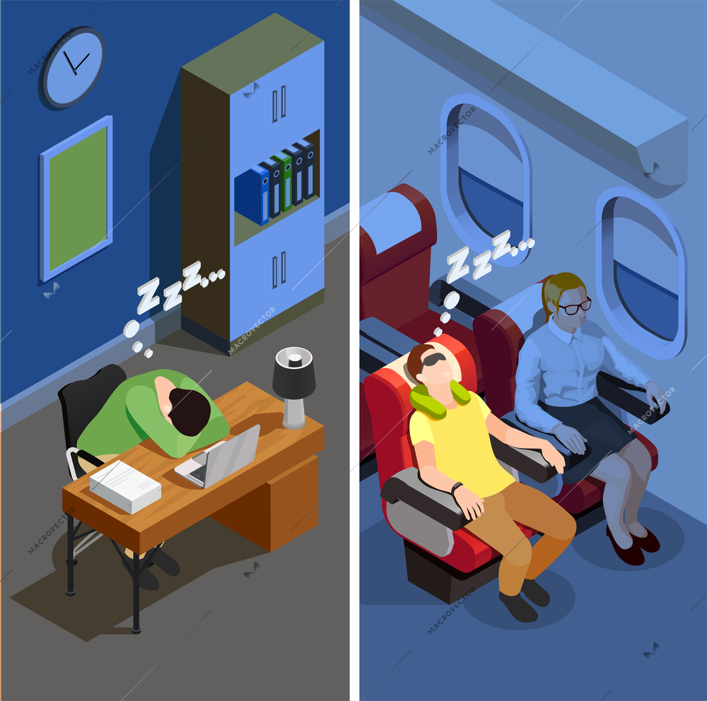 Set of isometric vertical banners with sleep during computer work and dream during trip isolated vector illustration