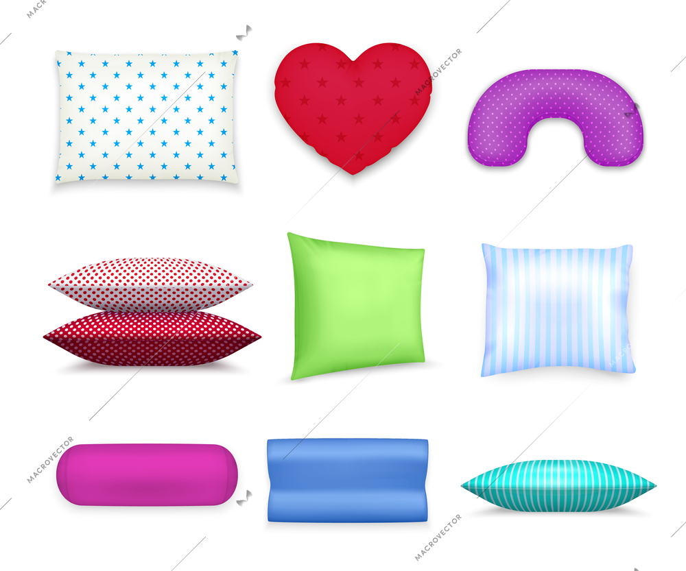 Heart roll square and contour cervical pillows realistic colorful set with travel neck cushion isolated vector illustration
