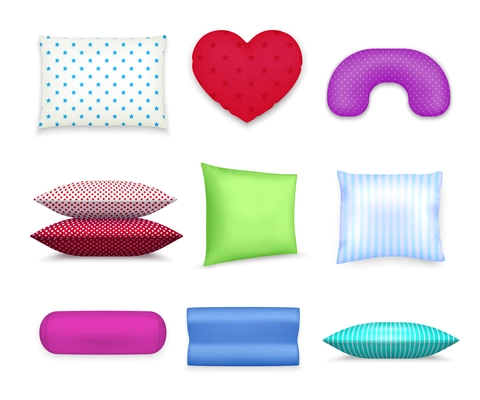 Heart roll square and contour cervical pillows realistic colorful set with travel neck cushion isolated vector illustration