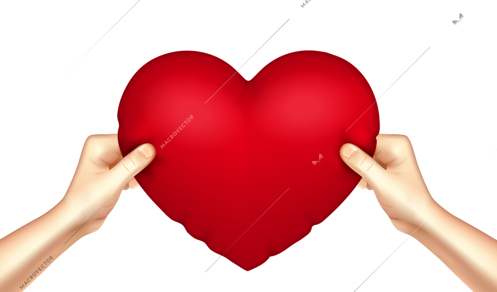 Heart shaped red cushion pillow in human hands realistic love symbol close-up image vector illustration