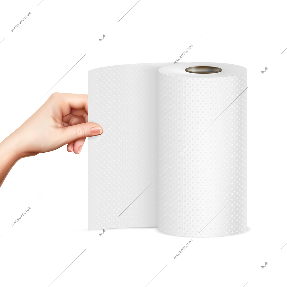 Hand pulling standing paper towel roll close-up front view realistic image vector illustration