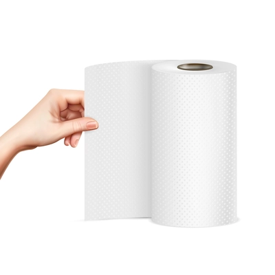 Hand pulling standing paper towel roll close-up front view realistic image vector illustration