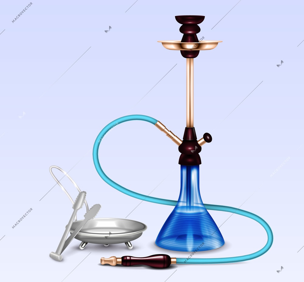 Hookah water pipe hubbly bubby smoking accessories set realistic close-up image with coal tray vector illustration