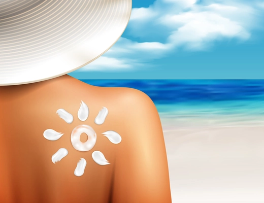 Sun cream protecting from sunburn cosmetics realistic advertisement poster with sunblock lotion on human shoulder vector illustration