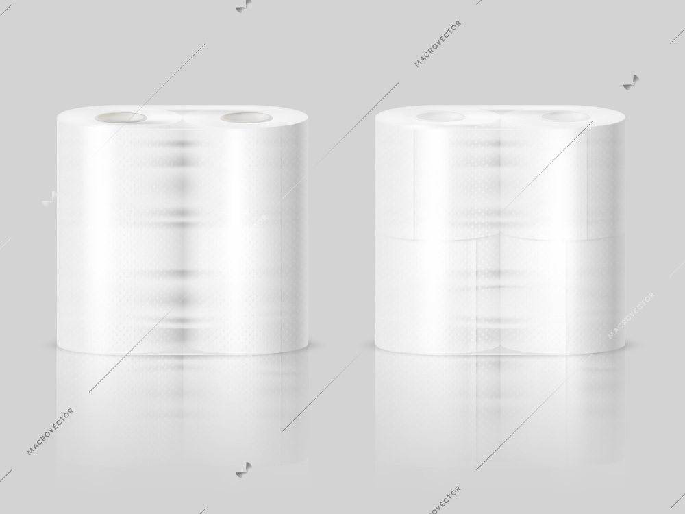 Paper towels or tissue toilet rolls standing on polished surface 2 realistic images gray background vector illustration