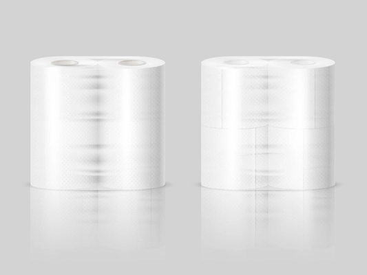 Paper towels or tissue toilet rolls standing on polished surface 2 realistic images gray background vector illustration