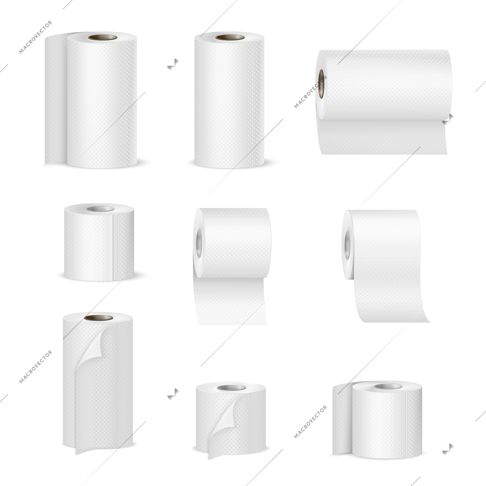 Paper towels and tissue toilet rolls realistic images collection in vertical and horizontal position isolated vector illustration