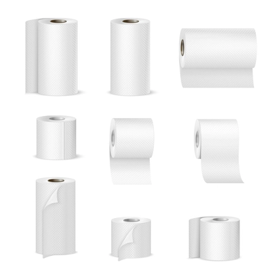 Paper towels and tissue toilet rolls realistic images collection in vertical and horizontal position isolated vector illustration