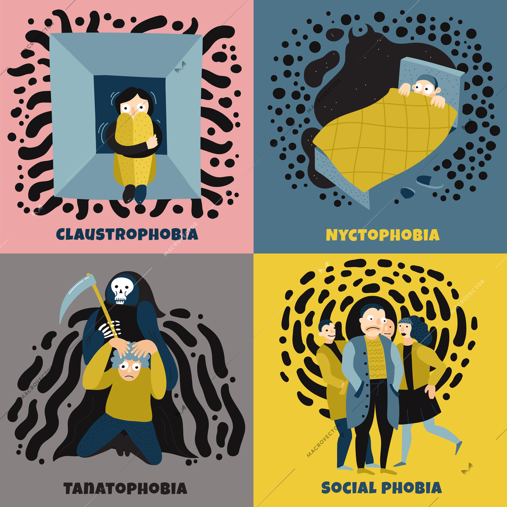 Human fears concept icons set with social phobia symbols flat isolated vector illustration