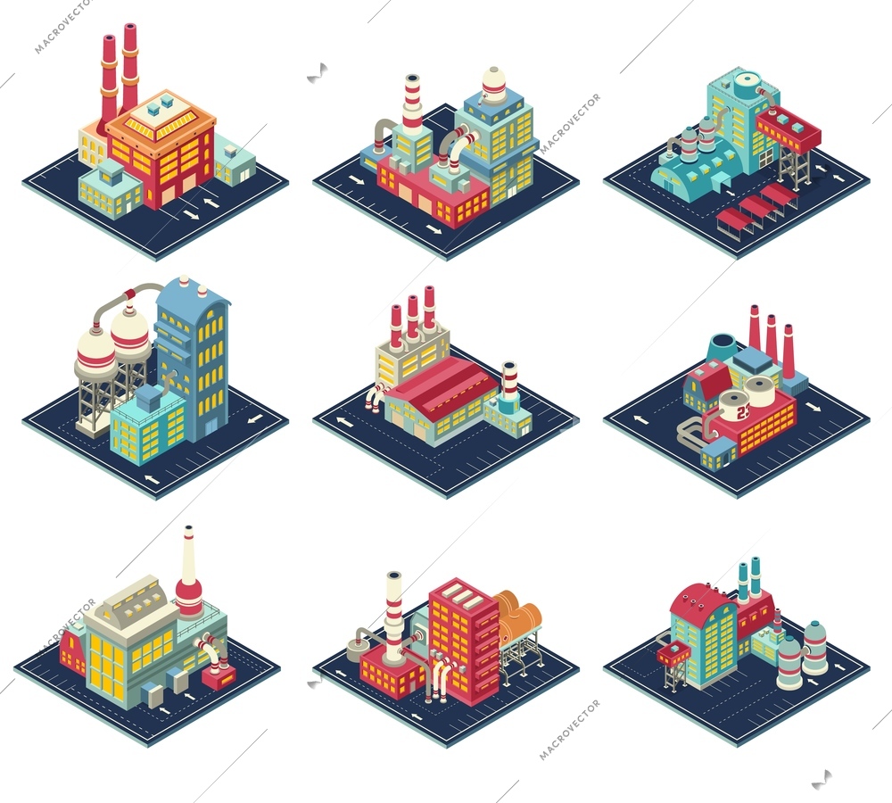 Factories with industrial constructions, smoke pipes, road infrastructure set of isometric compositions isolated vector illustration
