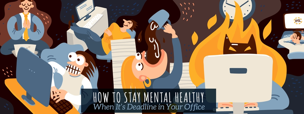 Office work and deadline poster with mental health symbols flat vector illustration