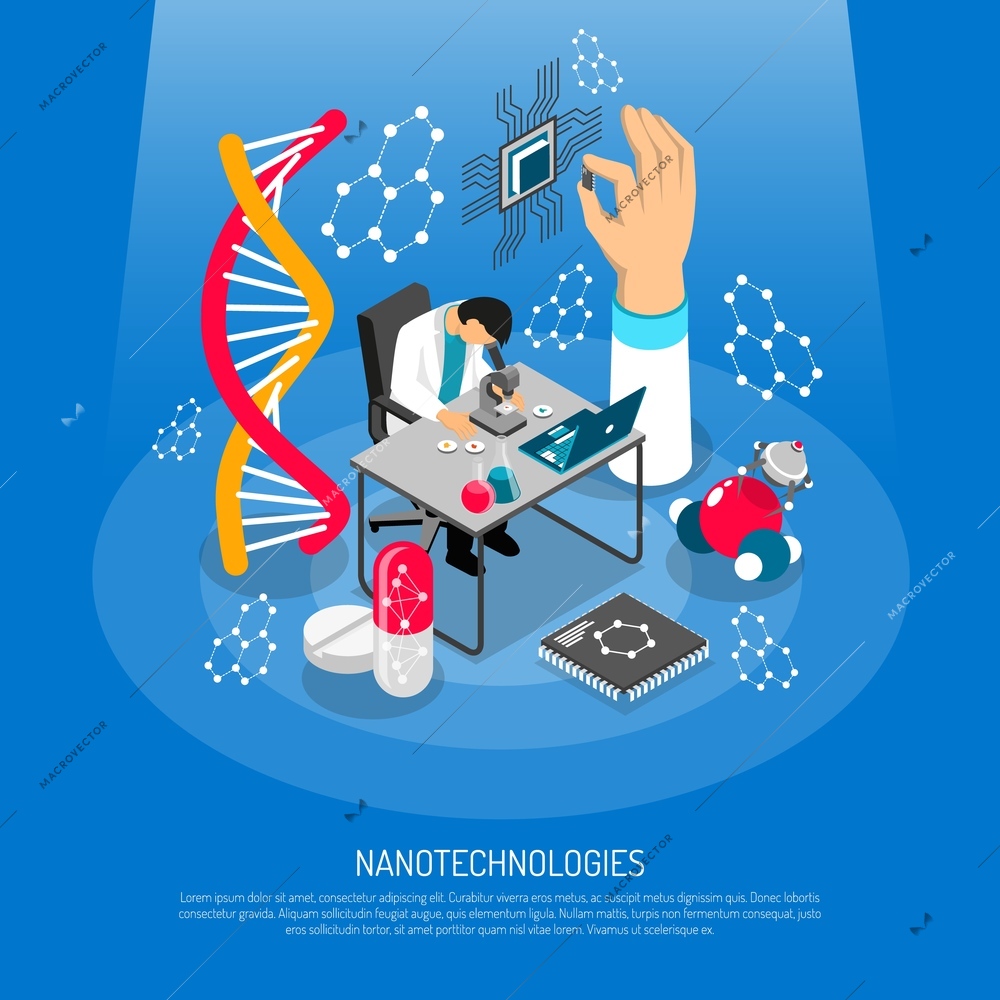 Nano technologies isometric composition on blue background with scientific laboratory, micro chip, robots, medical innovation vector illustration