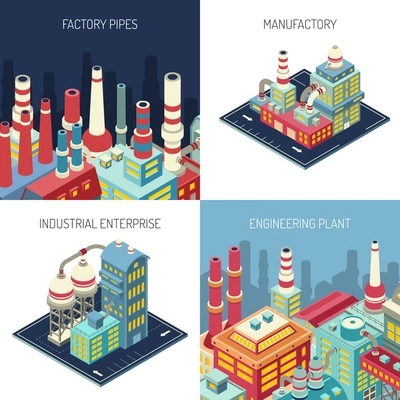 Factory pipes, industrial enterprise, manufacture with modern equipment, engineering plant isometric design concept isolated vector illustration