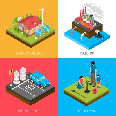 Ecology isometric design concept with eco housing, industrial pollution, refusal of fuel, nature revival isolated vector illustration