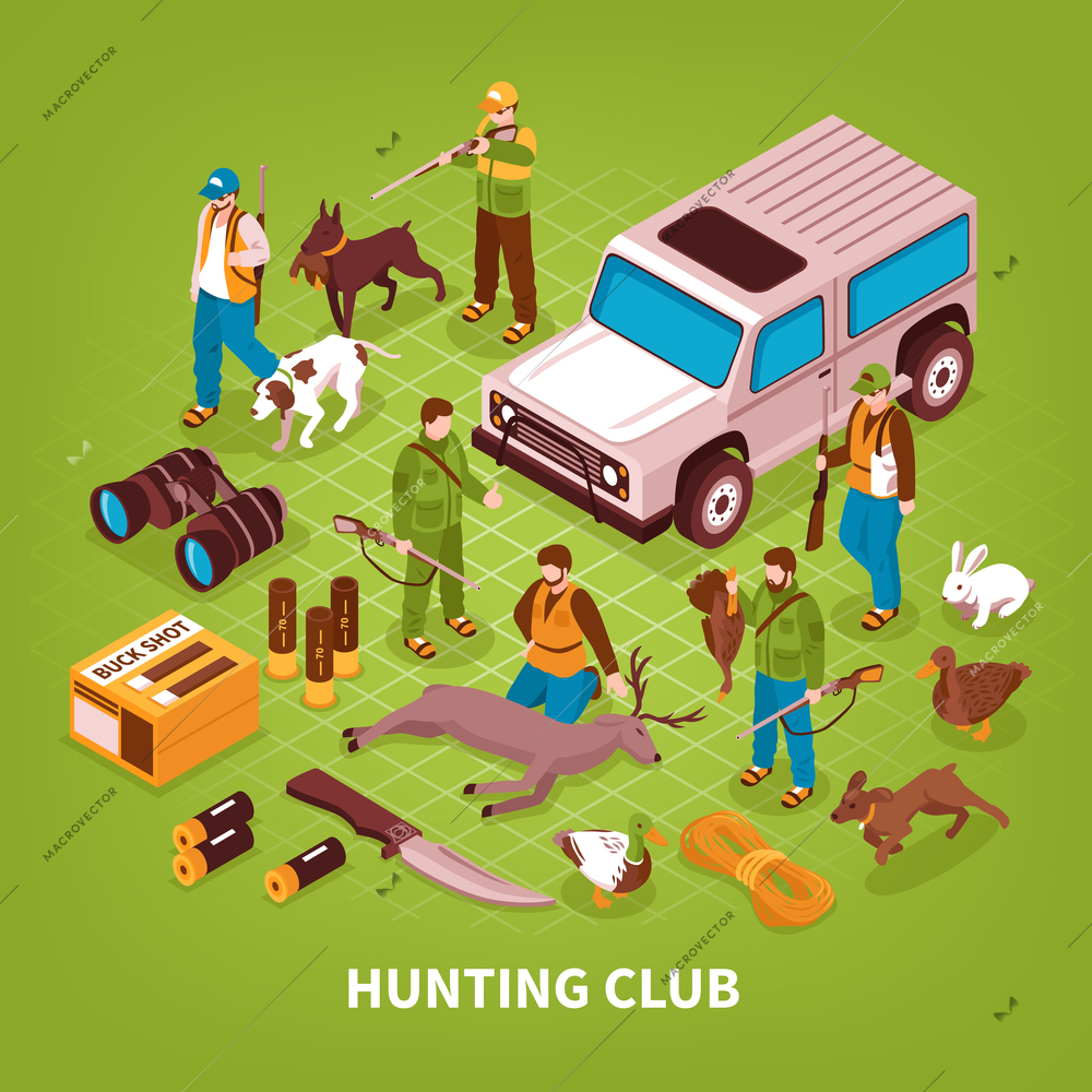 Hunting club shooting season activities isometric poster with equipment gear game animals trained dogs jeep vector illustration