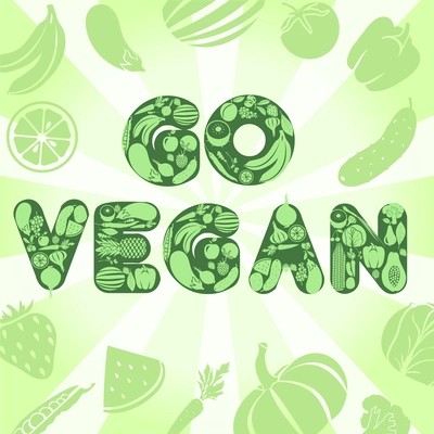 Go vegan vegetarian green poster with fruits and vegetables background vector illustration.