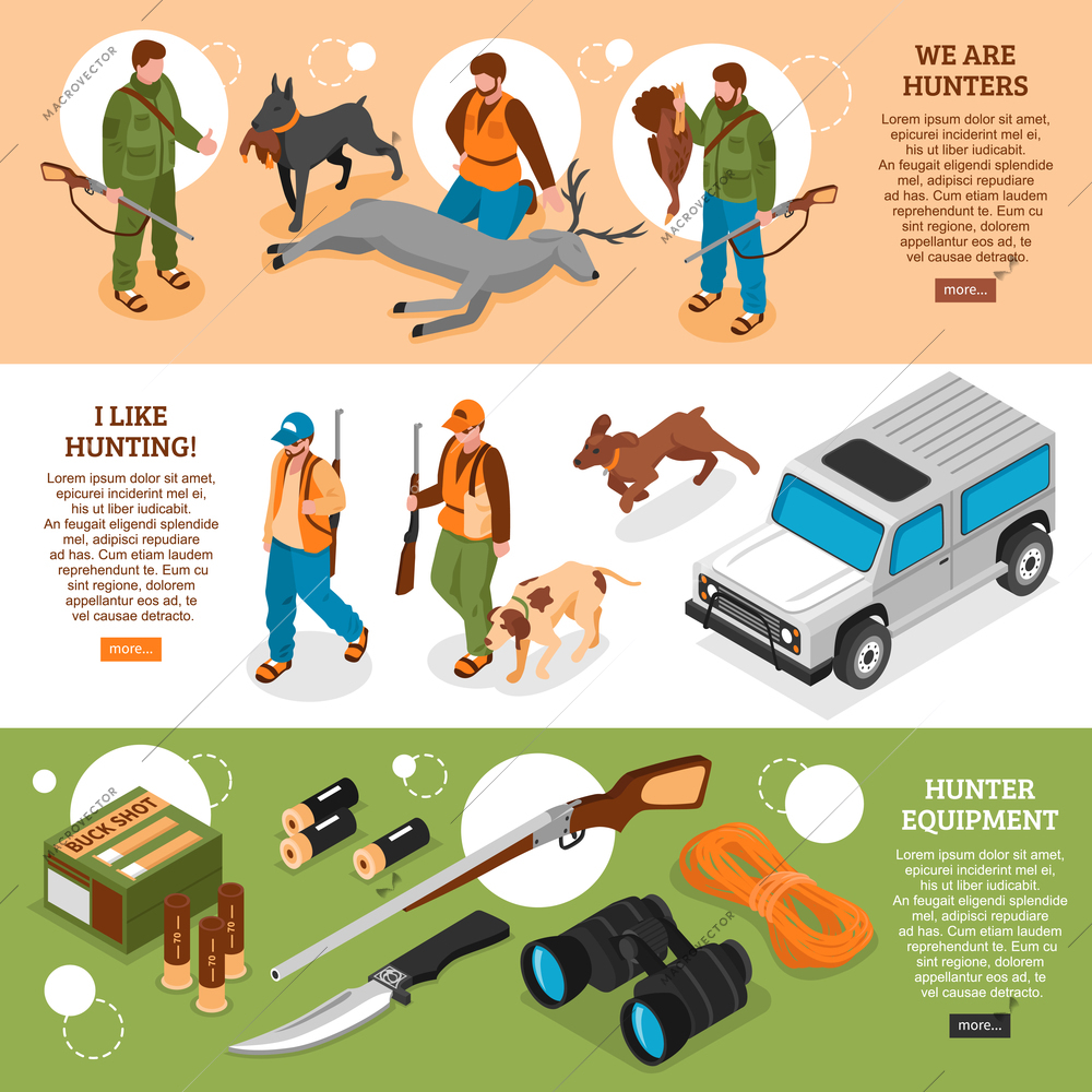 Hunting information 3 isometric horizontal banners webpage design with gear equipment dogs killed deer isolated vector illustration