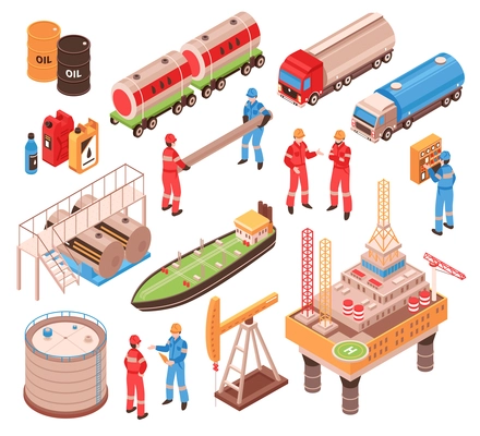 Oil gas industry isometric icons set with offshore drilling platform rail tank car truck vessel isolated vector illustration