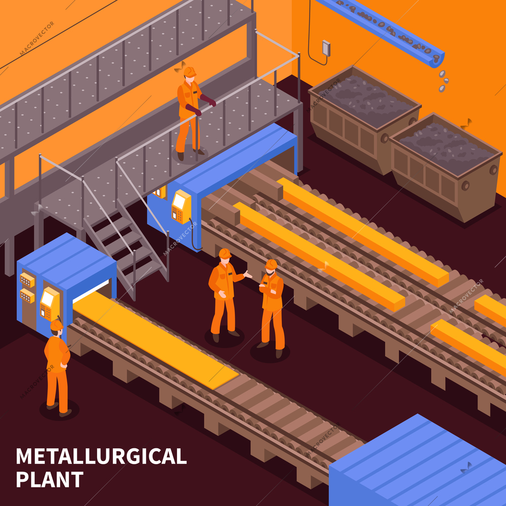 Steel and iron metallurgical industry hot rolling heavy plate production plant isometric composition with workers vector illustration