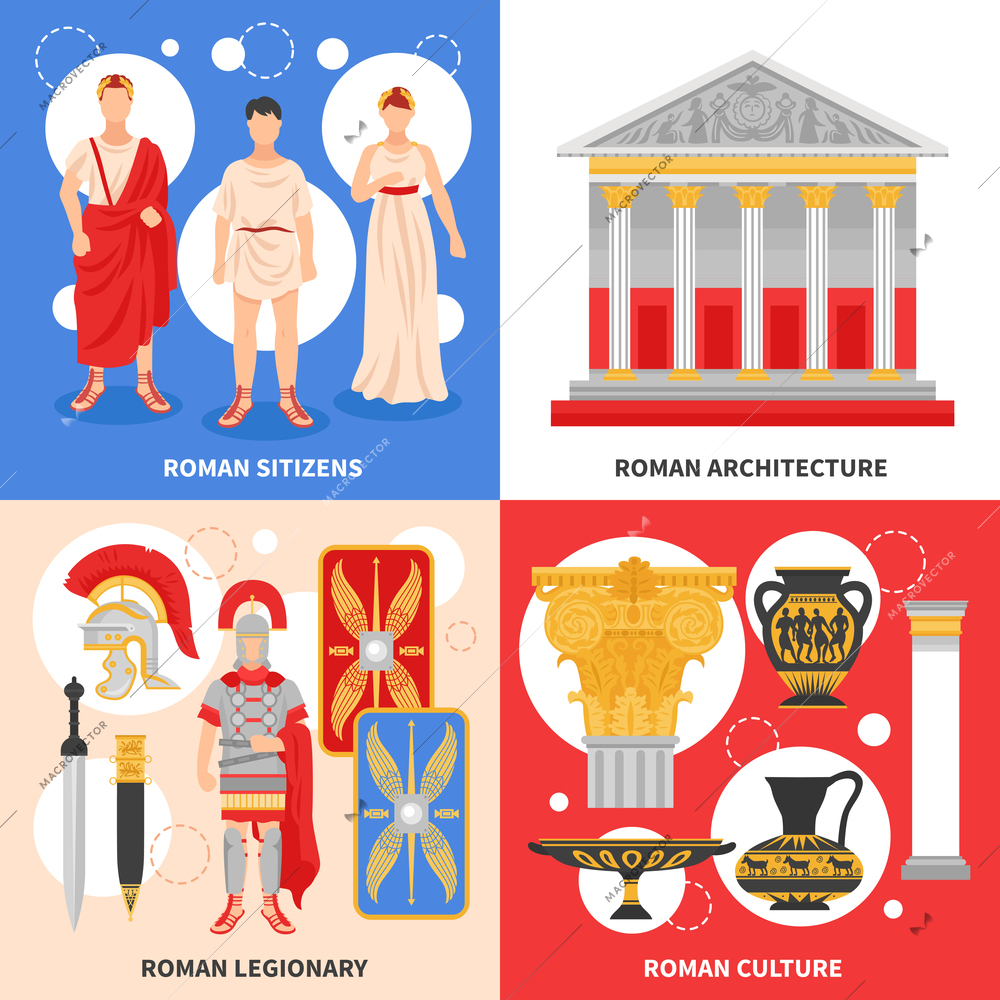 Ancient rome 4 flat icons square design concept with citizens legionary culture and architecture isolated vector illustration