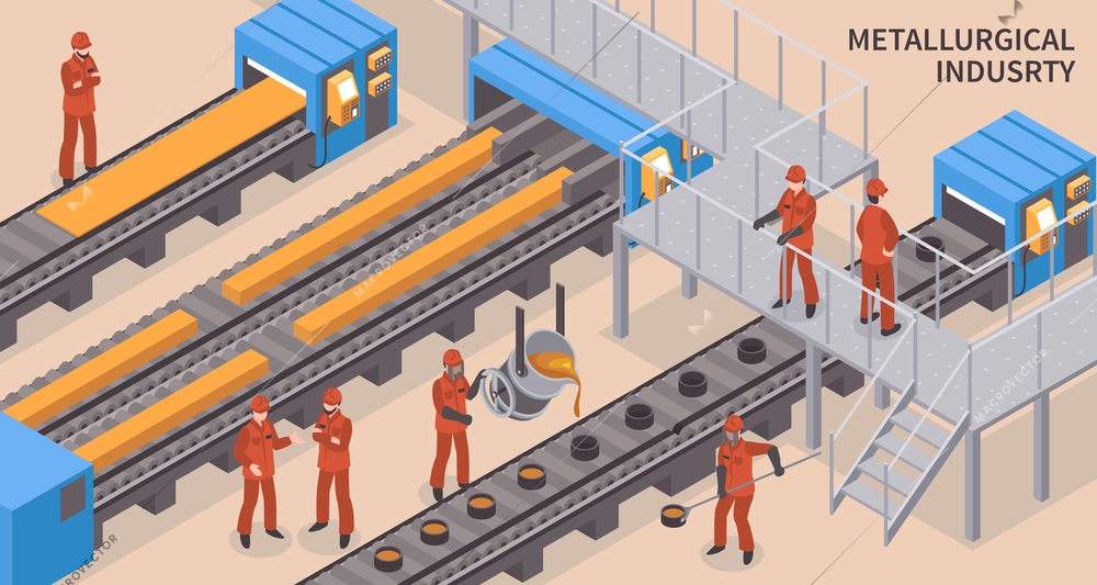 Steel and iron metallurgical industry hot rolling and injection molding facility isometric composition with workers vector illustration