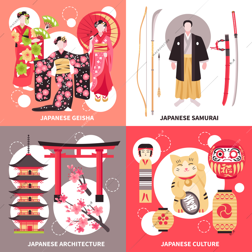 Japanese ancient culture architecture 4 flat icons concept with gate samurai geisha maneki neko cat vector illustration