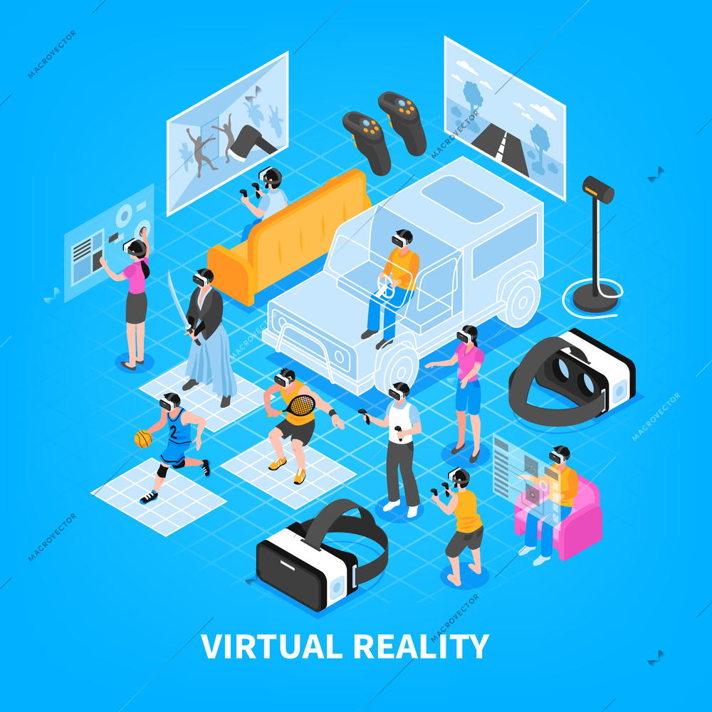 Virtual reality vr experience simulators training games portable gadgets headsets displays isometric composition background poster vector illustration