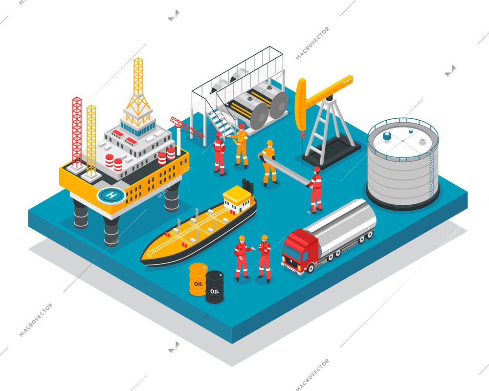 Oil gas industry jack-up drilling rig offshore platform facility isometric composition with tanker vessel vector illustration