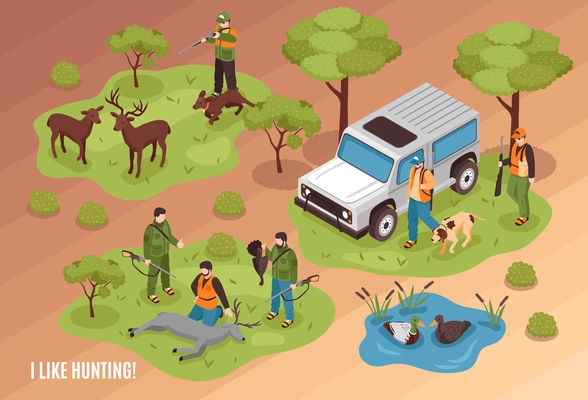 Hunting scene isometric composition with killed game animals jeep dogs and shooter aiming at deer vector illustration