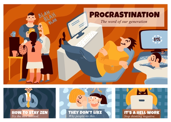 Office work horizontal banners set with procrastination symbols flat isolated vector illustration